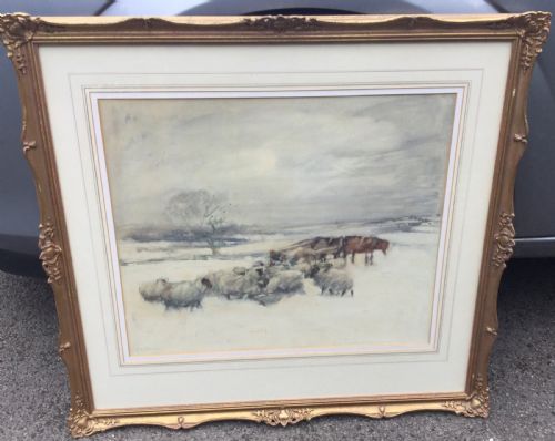 DAVID THOMAS ROBERTSON WATERCOLOUR FARMER FEEDING SHEEP IN THE SNOW - ADDITIONAL PHOTO 1