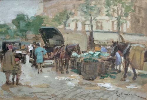 mary ethel hunter watercolour parisian street scene - CATEGORY: ANTIQUE ART - DATED 1910