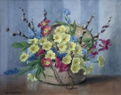 edith alice andrews watercolour primrosesgrape hyacinthsand other spring flowers in a bowl - CATEGORY: ANTIQUE ART - DATED 1930