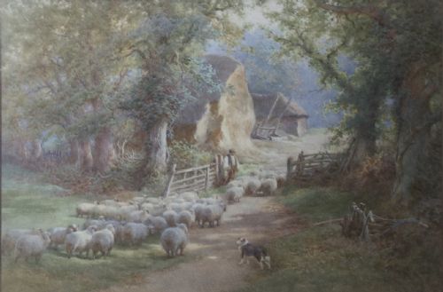 charles james adams watercolour the returning flock - CATEGORY: ANTIQUE ART - DATED 1910