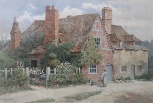thomas nicholson tyndale girl and cat outsde country cotage and garden - CATEGORY: ANTIQUE ART - DATED 1900