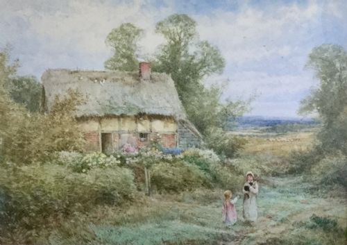 henry john sylvester stannard watercolour two children and their cat in front in of thatched cottage - CATEGORY: ANTIQUE ART - DATED 1910