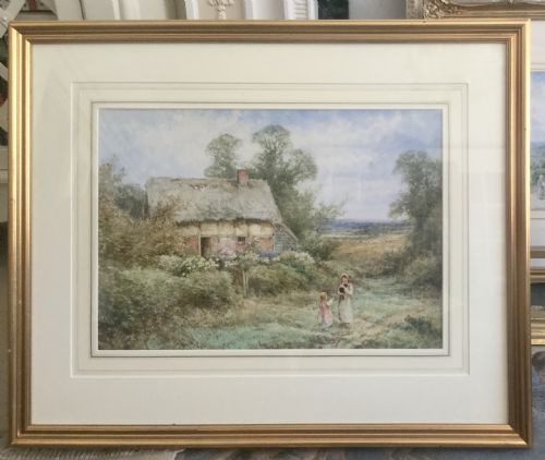 HENRY JOHN SYLVESTER STANNARD WATERCOLOUR TWO CHILDREN AND THEIR CAT IN FRONT IN OF THATCHED COTTAGE - ADDITIONAL PHOTO 1