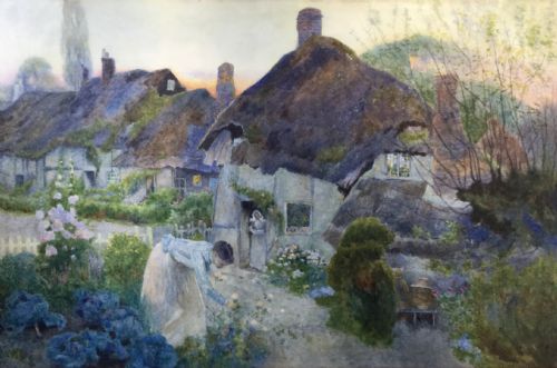 david woodlock watercolour picking flowers at sunset in a cottage garden - CATEGORY: ANTIQUE ART - DATED 1900