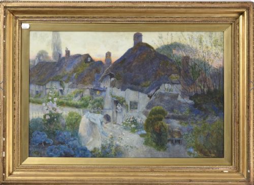 DAVID WOODLOCK WATERCOLOUR PICKING FLOWERS AT SUNSET IN A COTTAGE GARDEN - ADDITIONAL PHOTO 4