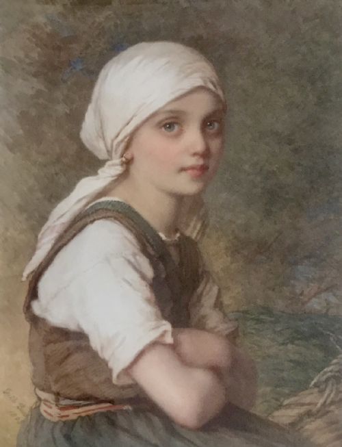guido bach watercolour a girlarms folded - CATEGORY: ANTIQUE ART - DATED VICTORIAN