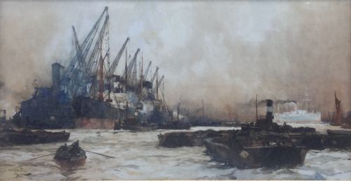 charles edward dixon watercolour atlas no 3 wharfthe river thameslondon - CATEGORY: ANTIQUE ART - DATED VICTORIAN
