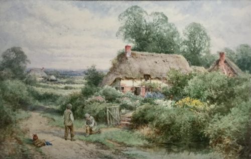 henry john sylvester stannard watercolour playing marbles - CATEGORY: ANTIQUE ART - DATED 1920