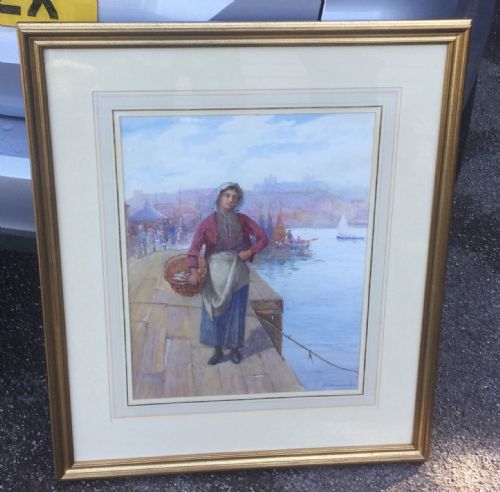 JULIAN E DRUMMOND WATERCOLOUR A FISHERWOMAN AT WHITBY HARBOUR - ADDITIONAL PHOTO 1