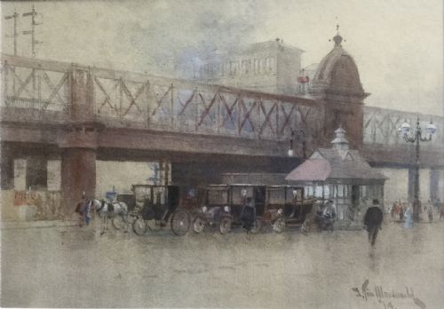 jtim macdonald watercolour london railway bridge with horse and carriage and early 20 th century motor vehicles - CATEGORY: ANTIQUE ART - DATED 1910
