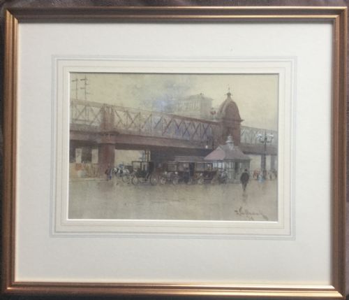 JTIM MACDONALD WATERCOLOUR LONDON RAILWAY BRIDGE WITH HORSE AND CARRIAGE AND EARLY 20 TH CENTURY MOTOR VEHICLES - ADDITIONAL PHOTO 1