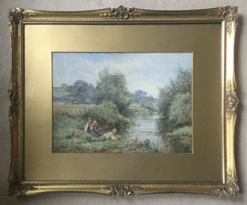 HENRY JOHN SYLVESTER STANNARD WATERCOLOUR CHILDREN FISHING BY A STREAM - ADDITIONAL PHOTO 1