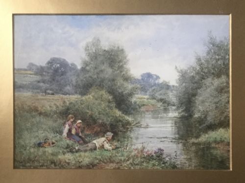 HENRY JOHN SYLVESTER STANNARD WATERCOLOUR CHILDREN FISHING BY A STREAM - ADDITIONAL PHOTO 3