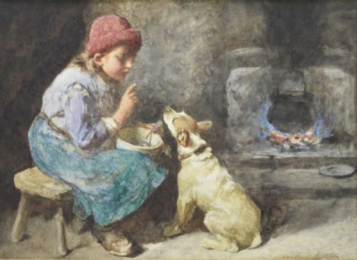 john henry henshall watercolour the begging dog - CATEGORY: ANTIQUE ART - DATED 1920
