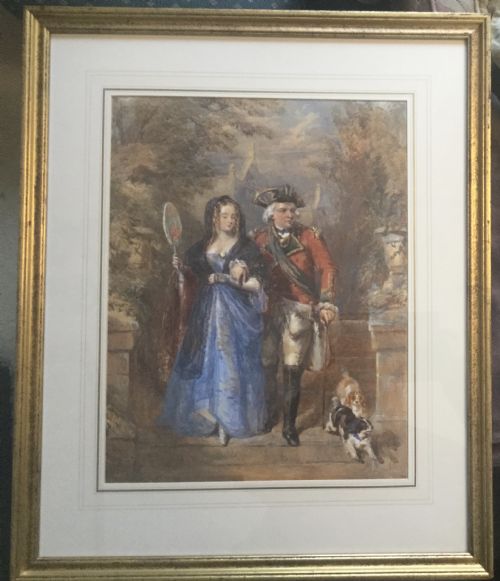 FREDERICK TAYLER WATERCOLOUR MILITARY GENTLEMAN AND LADY EXERCISING KING CHARLES SPANIELS - ADDITIONAL PHOTO 1