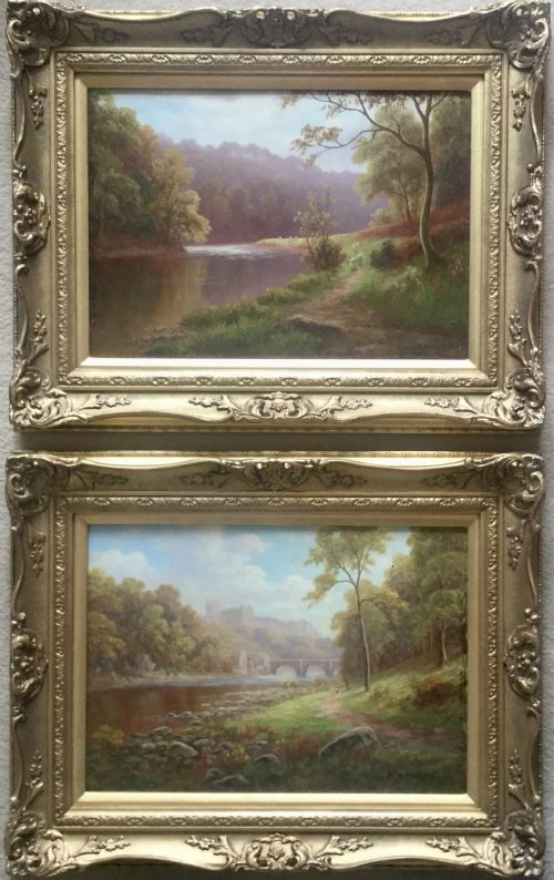 everett mellor pair of oil paintings on the nidd bilton woods richmond castleyorkshire - CATEGORY: ANTIQUE ART - DATED 1910