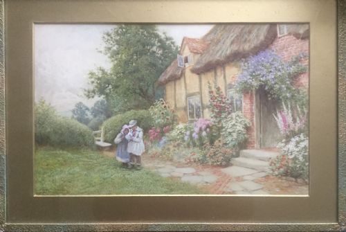 ARTHUR CLAUDE STRACHAN WATERCOLOUR TWO CHILDREN WITH THEIR PET DOG IN A BEAUTIFUL COTTAGE GARDEN - ADDITIONAL PHOTO 2