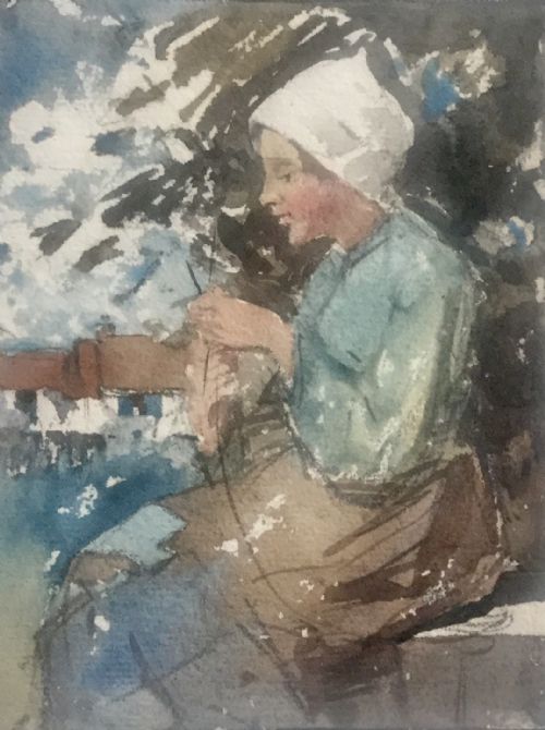 william leehankey watercolour woman knitting - CATEGORY: ANTIQUE ART - DATED 1920