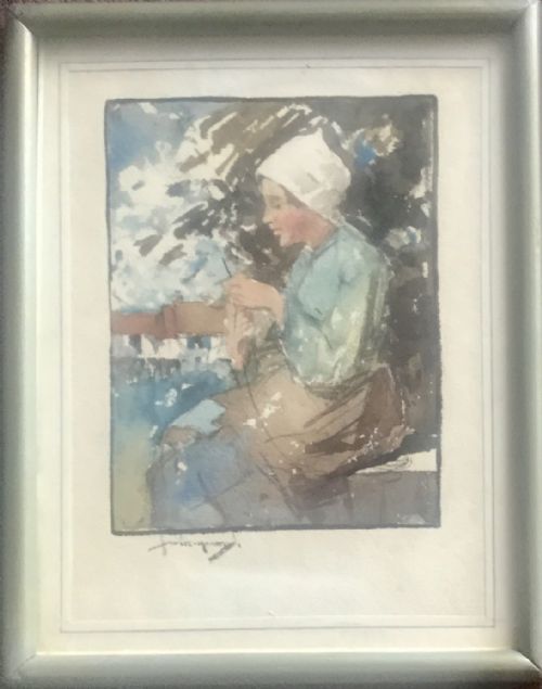 WILLIAM LEEHANKEY WATERCOLOUR WOMAN KNITTING - ADDITIONAL PHOTO 2