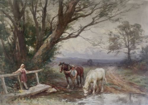 frederick jknowles watercolour horses drinking at a stream - CATEGORY: ANTIQUE ART - DATED 1910