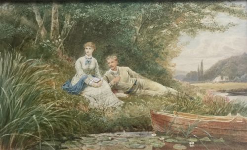 EBENEZER WAKE COOK WATERCOLOUR RESTING BY THE RIVERSIDE
