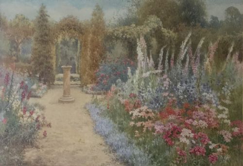 william affleck watercolour garden with herbaceous border - CATEGORY: ANTIQUE ART - DATED 1910