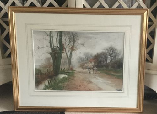 HENRY CHARLES FOX WATERCOLOUR HORSE RIDER AND FIGURES IN A COUNTRY LANE - ADDITIONAL PHOTO 1