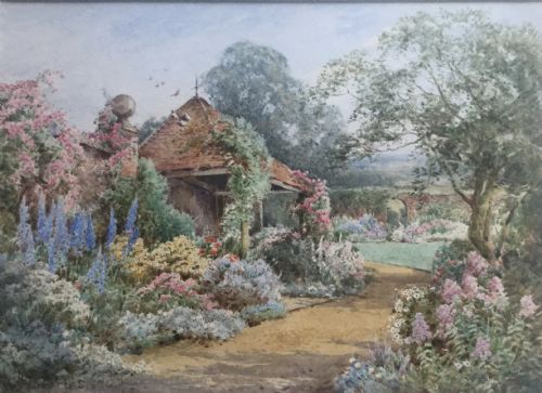 theresa stannard watercolour a walled garden in summer - CATEGORY: ANTIQUE ART - DATED 1920