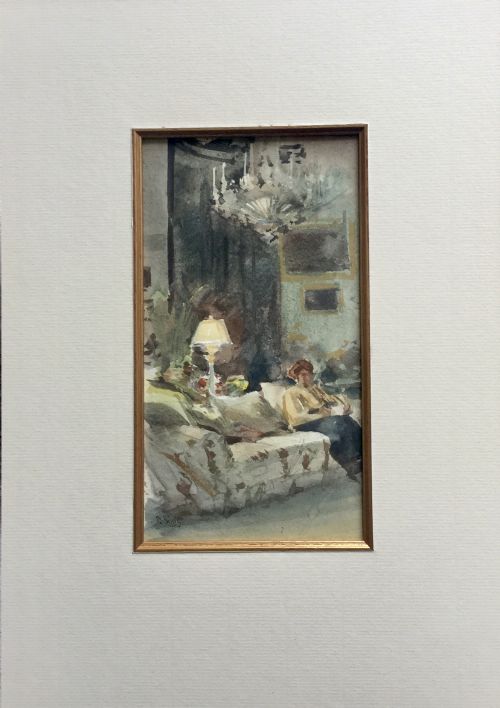CHARLES SIMS WATERCOLOUR LADY SEATED IN COUNTRY HOUSE INTERIOR - ADDITIONAL PHOTO 1