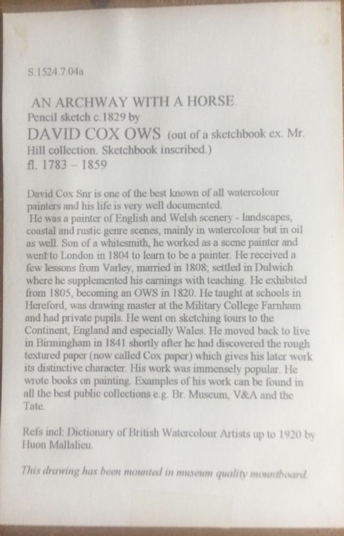 DAVID COX PENCIL DRAWING AN ARCHWAY WITH A HORSE - ADDITIONAL PHOTO 3