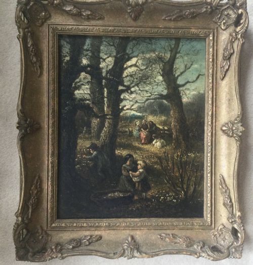 THOMAS HOLLINGSWORTH OIL PAINTING CHILDREN PICKING FLOWERS IN THE WOODS - ADDITIONAL PHOTO 1