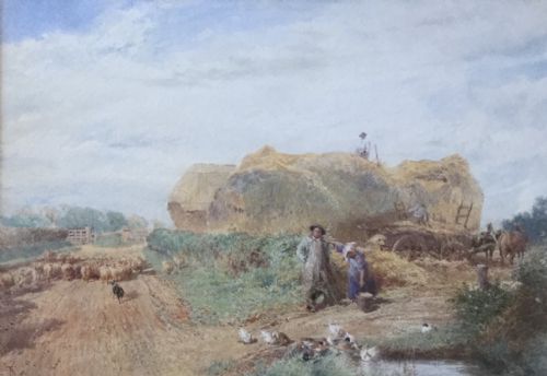 myles birket foster watercolour the stack yard - CATEGORY: ANTIQUE ART - DATED VICTORIAN