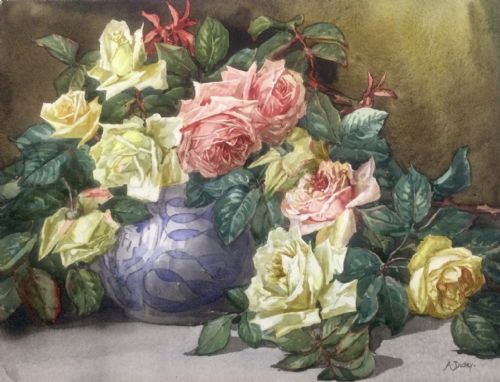 arthur dudley giovanni barbaro watercolour still life of roses in vase - CATEGORY: ANTIQUE ART - DATED 1910