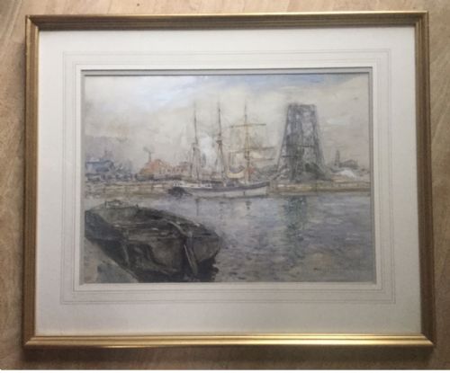 ROWLAND HENRY HILL WATERCOLOUR DOCK SCENE WITH SHIPPING - ADDITIONAL PHOTO 2