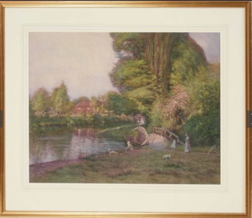 HENRY SYKES WATERCOLOURCHILDREN FISHING AT DUSK IN A THAMESIDE VILLAGE - ADDITIONAL PHOTO 1