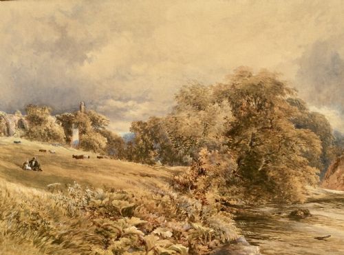 josiah wood wyhmper watercolour figures and cattle on a riverbank in front of an abbey - CATEGORY: ANTIQUE ART - DATED 19TH CENTURY