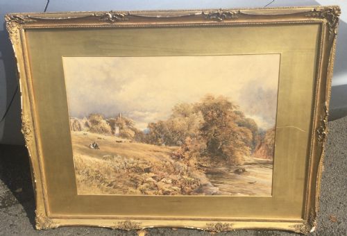 JOSIAH WOOD WYHMPER WATERCOLOUR FIGURES AND CATTLE ON A RIVERBANK IN FRONT OF AN ABBEY - ADDITIONAL PHOTO 1