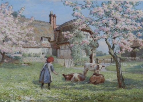 JOSEPH KIRKPATRICK WATERCOLOUR YOUNG GIRL TENDING CALVES - ADDITIONAL PHOTO 1