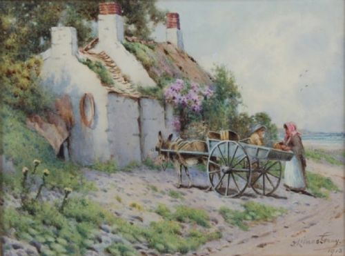 john lynasgray watercolour figures with a donkey and cart on the coast - CATEGORY: ANTIQUE ART - DATED 1910