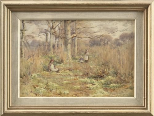 HAROLD SWANWICK WATERCOLOUR PICKING PRIMROSES - ADDITIONAL PHOTO 1
