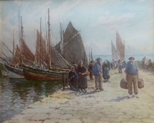 tom clough watercolour sardine fishing the quay concarneau brittany - CATEGORY: ANTIQUE ART - DATED 1920