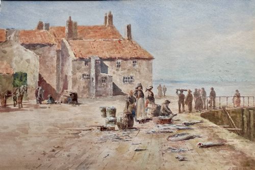 john gutteridge sykes watercolour after the fish sale staithes - CATEGORY: ANTIQUE ART - DATED 1900