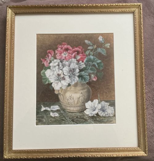 JABEZ BLIGH WATERCOLOUR PELARGONIUMS IN A DECORATIVE JUG - ADDITIONAL PHOTO 1
