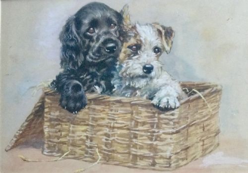 mabel gear watercolour spaniel and terriertwo close friends - CATEGORY: ANTIQUE ART - DATED 1930