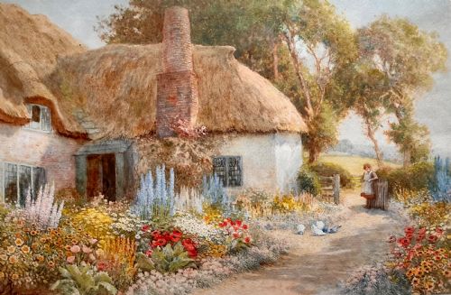 arthur claude strachan watercolour girl in the garden of a thatched cottage - CATEGORY: ANTIQUE ART - DATED 1900