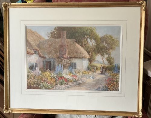ARTHUR CLAUDE STRACHAN WATERCOLOUR GIRL IN THE GARDEN OF A THATCHED COTTAGE - ADDITIONAL PHOTO 1