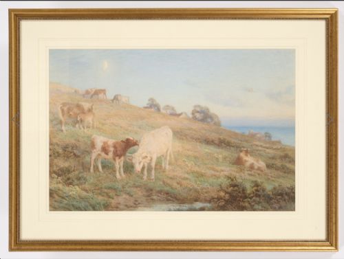 BASIL BRADLEY WATERCOLOUR COWSSHEEP AND HORSES IN AN EVENING LANDSCAPE - ADDITIONAL PHOTO 1