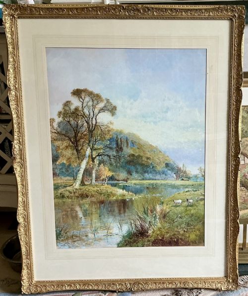 ARTHUR WILLETT WATERCOLOUR RURAL LANDSCAPE WITH SHEEP AND A MAN FISHING BY A RIVER - ADDITIONAL PHOTO 1