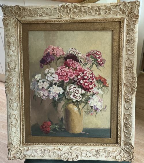 FREDA MARSTON OIL PAINTING STILL LIFE OF SWEET WILLIAMS IN A VASE - ADDITIONAL PHOTO 1
