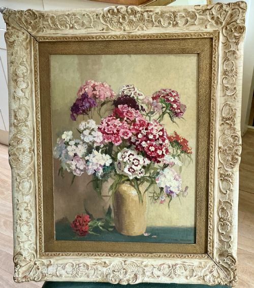 FREDA MARSTON OIL PAINTING STILL LIFE OF SWEET WILLIAMS IN A VASE - ADDITIONAL PHOTO 2